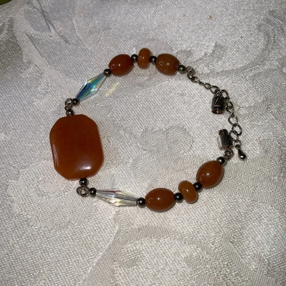 Carnelian Burnt Orange Gemstone Crystal & Silver Bracelet 7”